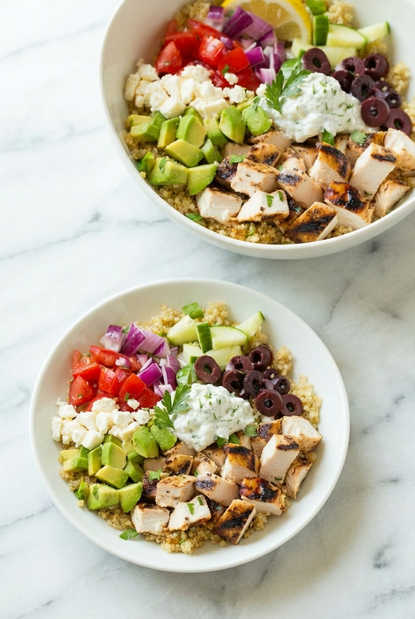 Close-up of Grilled Chicken Greek Salad With Quinoa & Feta showcasing creamy Feta and tender chicken breast textures.