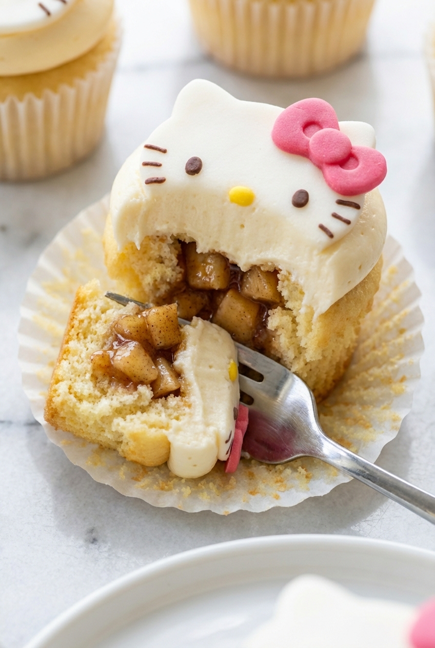 Close-up of Hello Kitty Cupcakes being decorated with an edible ink marker on a minimalist ceramic vessel in natural window lighting.