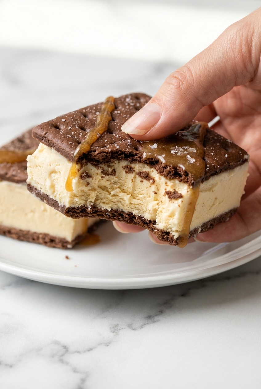 Close-up of a Protein Ice Cream Sandwich showing a smooth texture on a contemporary countertop with soft shadows.