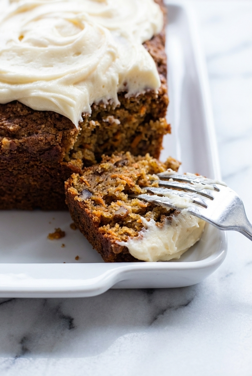 Close-up of Carrot Cake Bread batter in a loaf pan with parchment paper, highlighting the smooth emulsification under soft shadows.