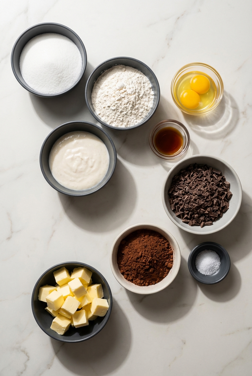 Flat lay of Dutch process cocoa powder, sourdough discard, and semi-sweet chocolate chips on a contemporary marble surface.