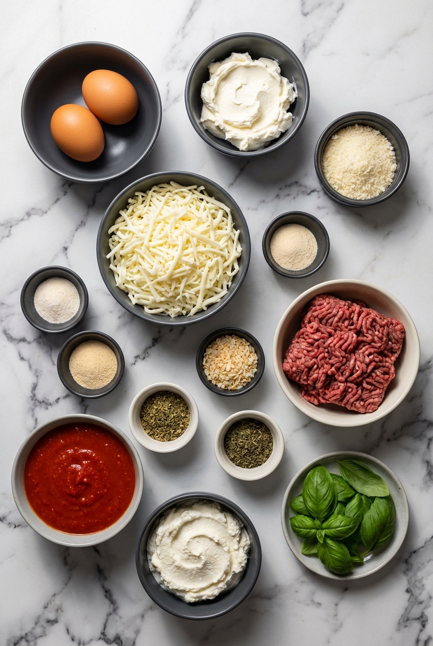Flat lay on a white marble surface featuring ricotta, mozzarella, and ground chuck for keto lasagna recipes under soft light.