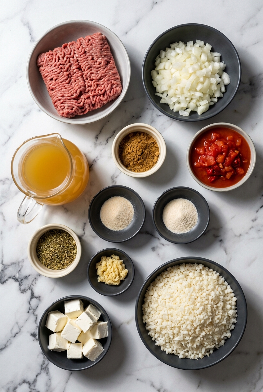 Flat lay of ingredients for Keto Taco Soup on a white marble surface featuring ground beef, cauliflower rice, and spices.