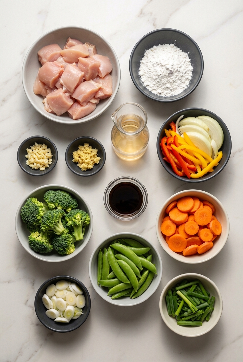 Ingredients for Keto Chicken Recipes for Weight Loss including avocado oil and coconut aminos on white marble.