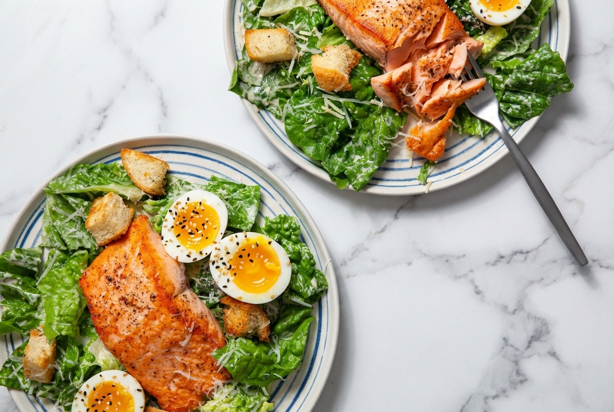 Salmon Caesar Salad With Hard Boiled Egg featuring a jammy egg coated in everything-bagel seasoning on a white marble surface.