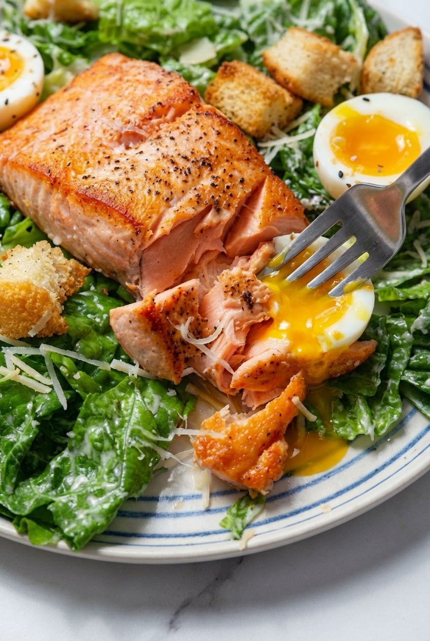 Close-up of the seared salmon in a Salmon Caesar Salad With Hard Boiled Egg, showcasing a perfect crust in natural lighting.