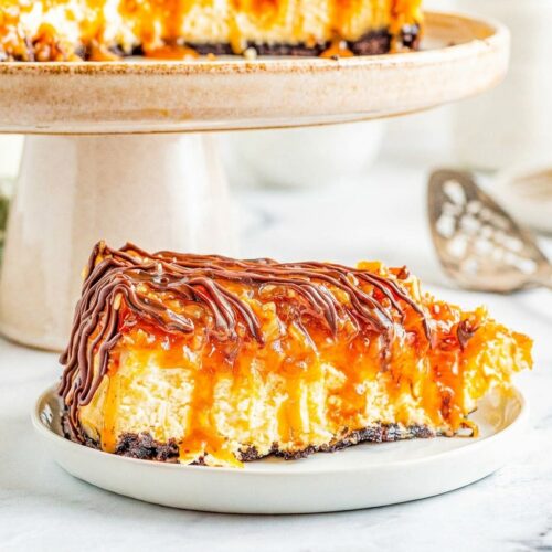 Samoa cheesecake with espresso-infused chocolate drizzle and toasted coconut on minimalist ceramic over a white marble surface.