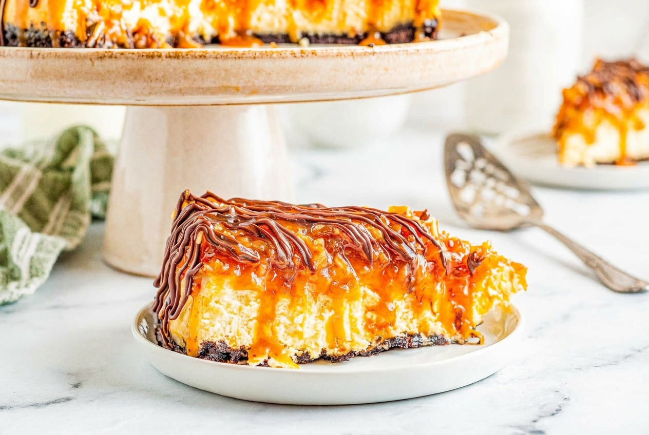 Samoa cheesecake with espresso-infused chocolate drizzle and toasted coconut on minimalist ceramic over a white marble surface.