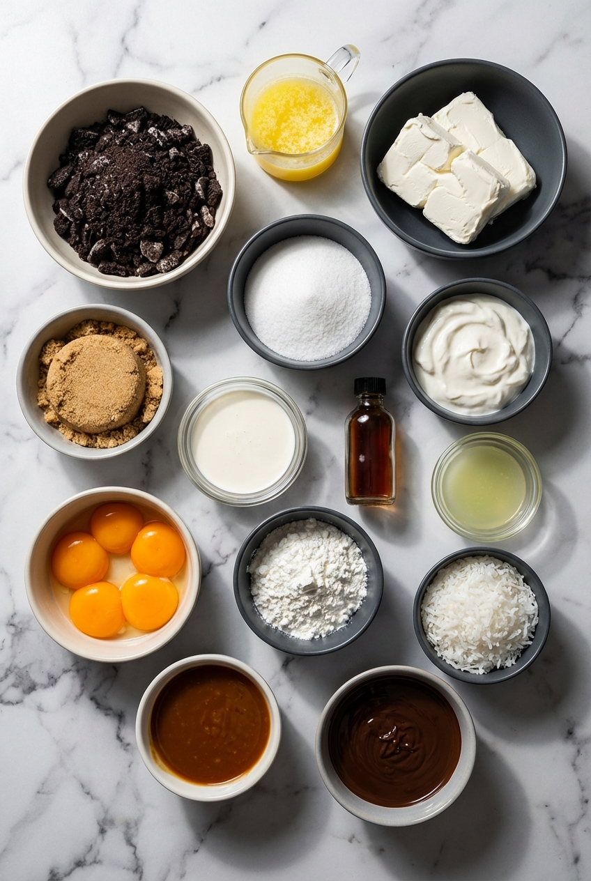 Top-down view of samoa cheesecake ingredients like cream cheese, caramel sauce, and toasted coconut on a contemporary white countertop.