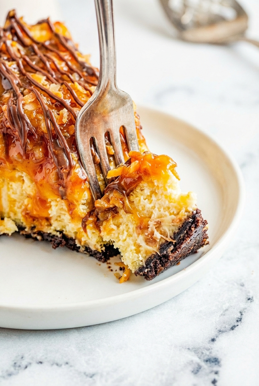 Detailed texture of a silky samoa cheesecake surface on a white marble countertop, highlighting the smooth toasted coconut topping.