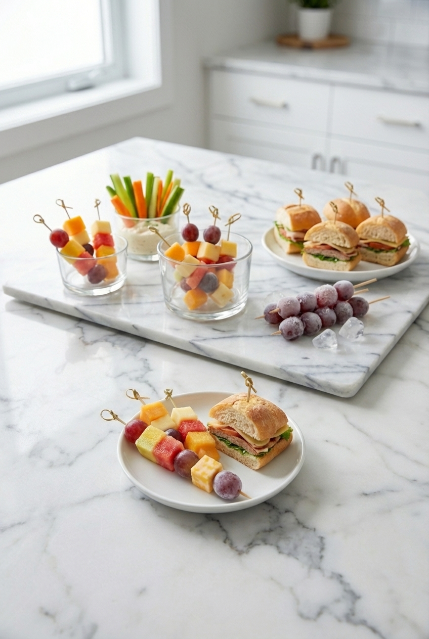 Frozen fruit skewers in airtight containers on a contemporary countertop, showcasing sand-free beach snacks for kids.