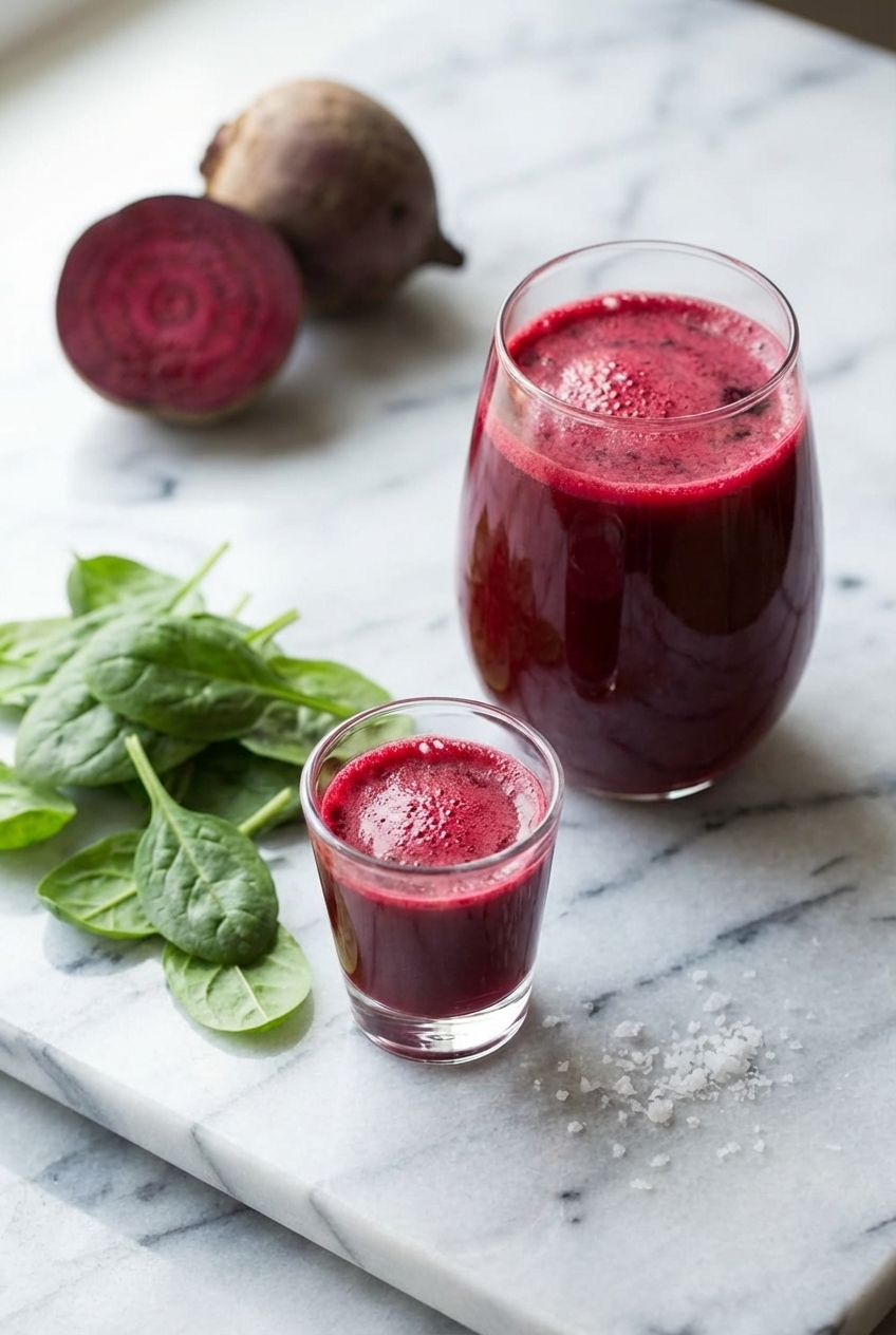 Beet Juice Recipe stored in a glass carafe on a contemporary countertop with soft natural shadows.