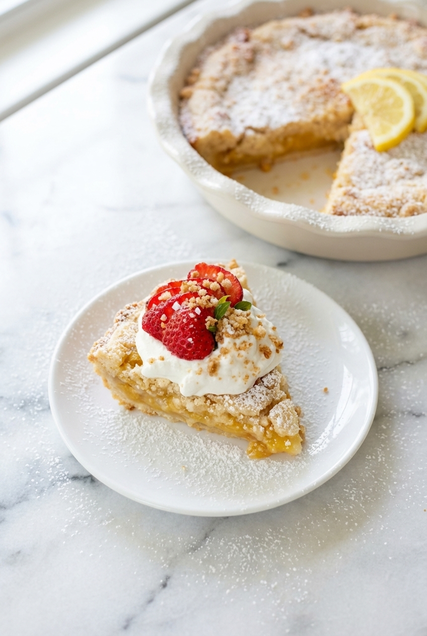 Buttery Lemon Dump Cake served on a minimalist ceramic plate with soft shadows and natural lighting.