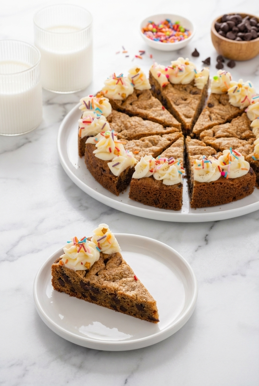 Slices of Chocolate Chip Cookie Cake served on minimalist ceramic plates with soft shadows on a white marble surface.