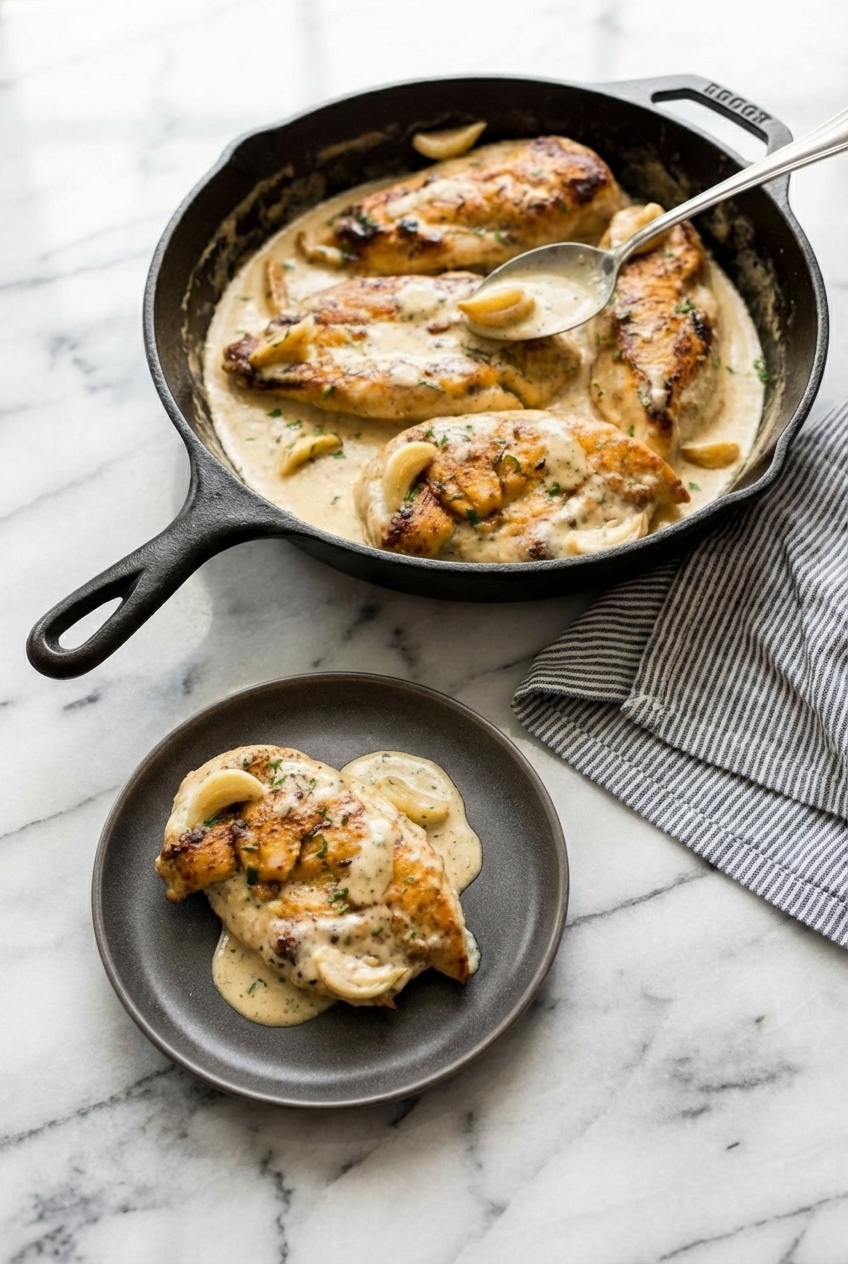 Plated Creamy Garlic Chicken on a minimalist ceramic plate under natural window lighting on a marble surface.