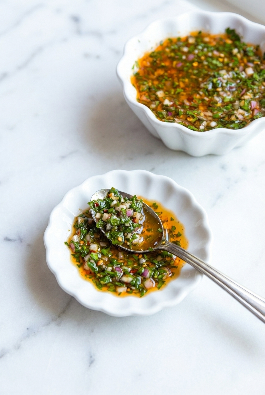 Chimichurri Sauce in a small jar on a contemporary countertop with soft shadows, ready for a skirt steak pairing.