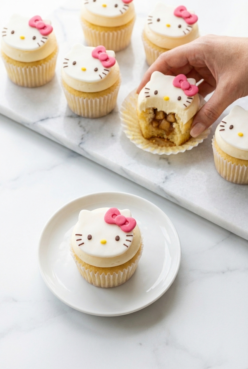 A tray of Hello Kitty Cupcakes arranged on a white marble surface with soft shadows, perfect for a themed party.
