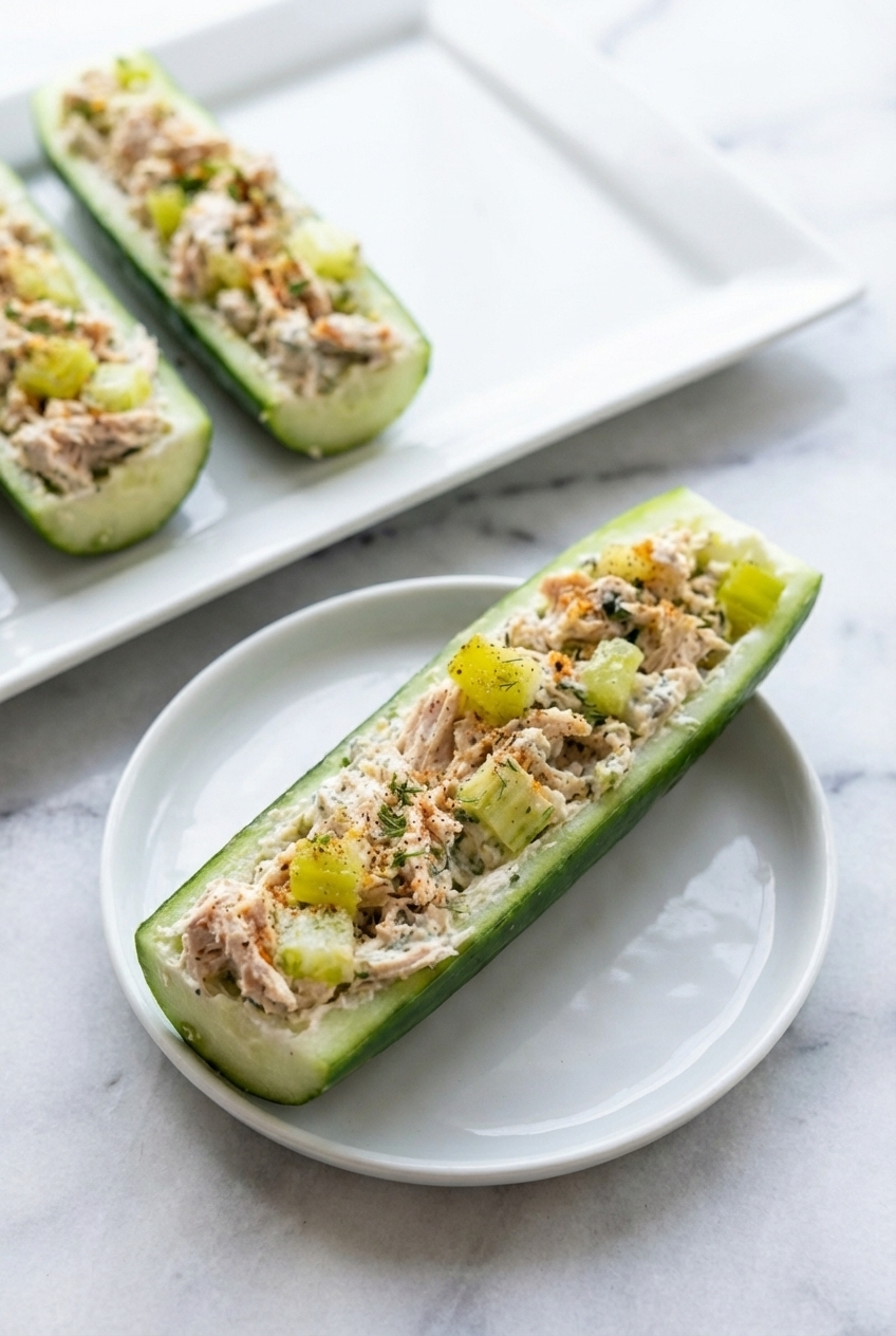 Keto Chicken Cucumber Boats arranged for meal prep on a contemporary white countertop with soft shadows.