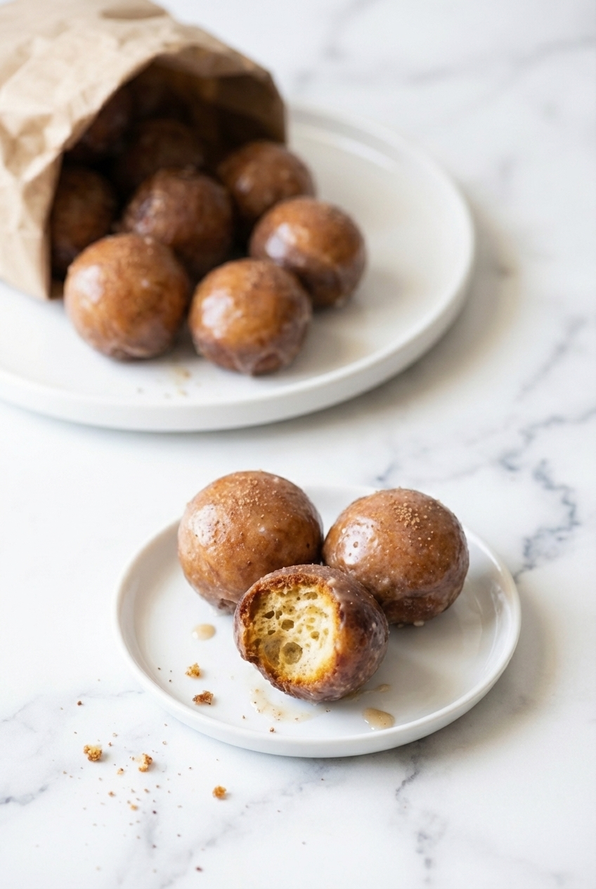 Keto Donut Holes served in a minimalist ceramic vessel on a marble table under soft natural window lighting.