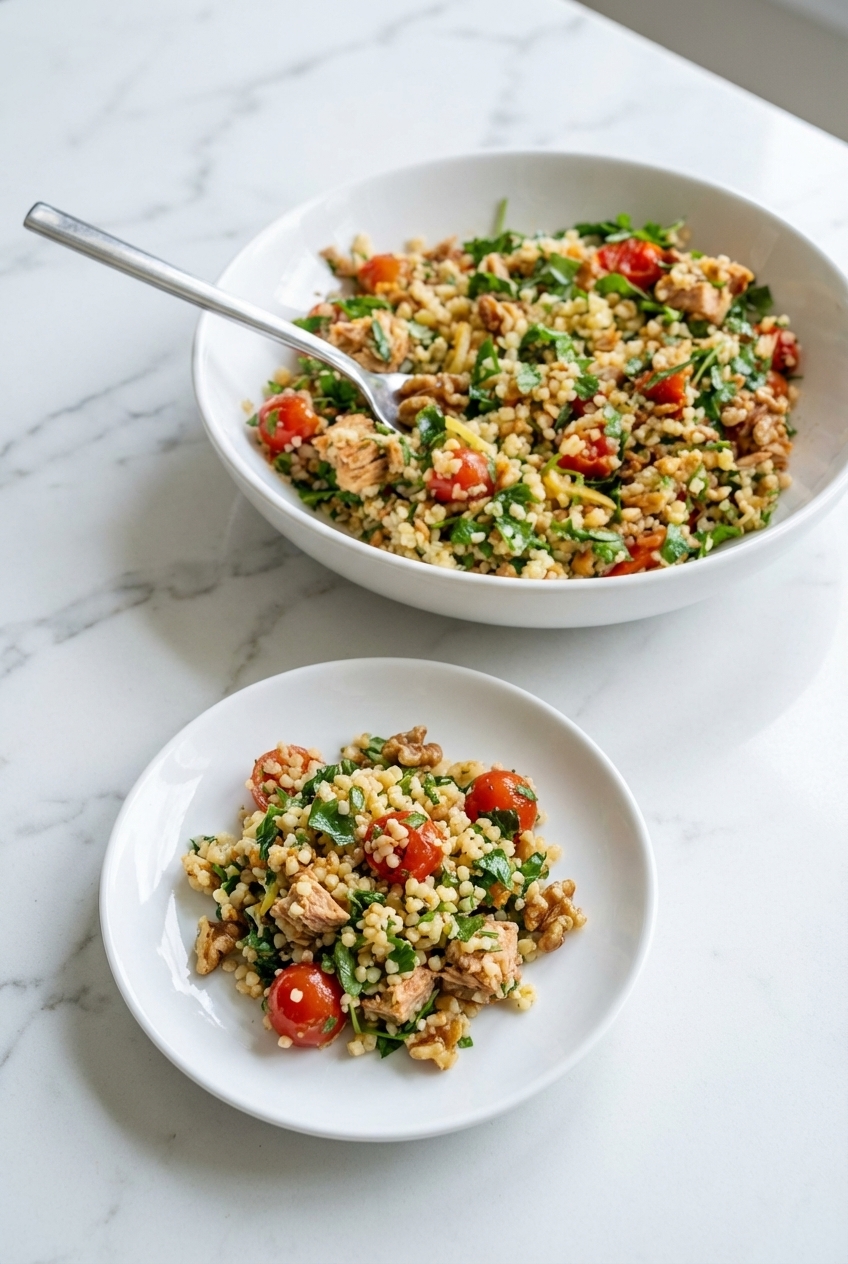 Lifestyle shot of Bulgar Wheat & Tuna Mediterranean Salad served in a minimalist bowl on a contemporary countertop with soft shadows.