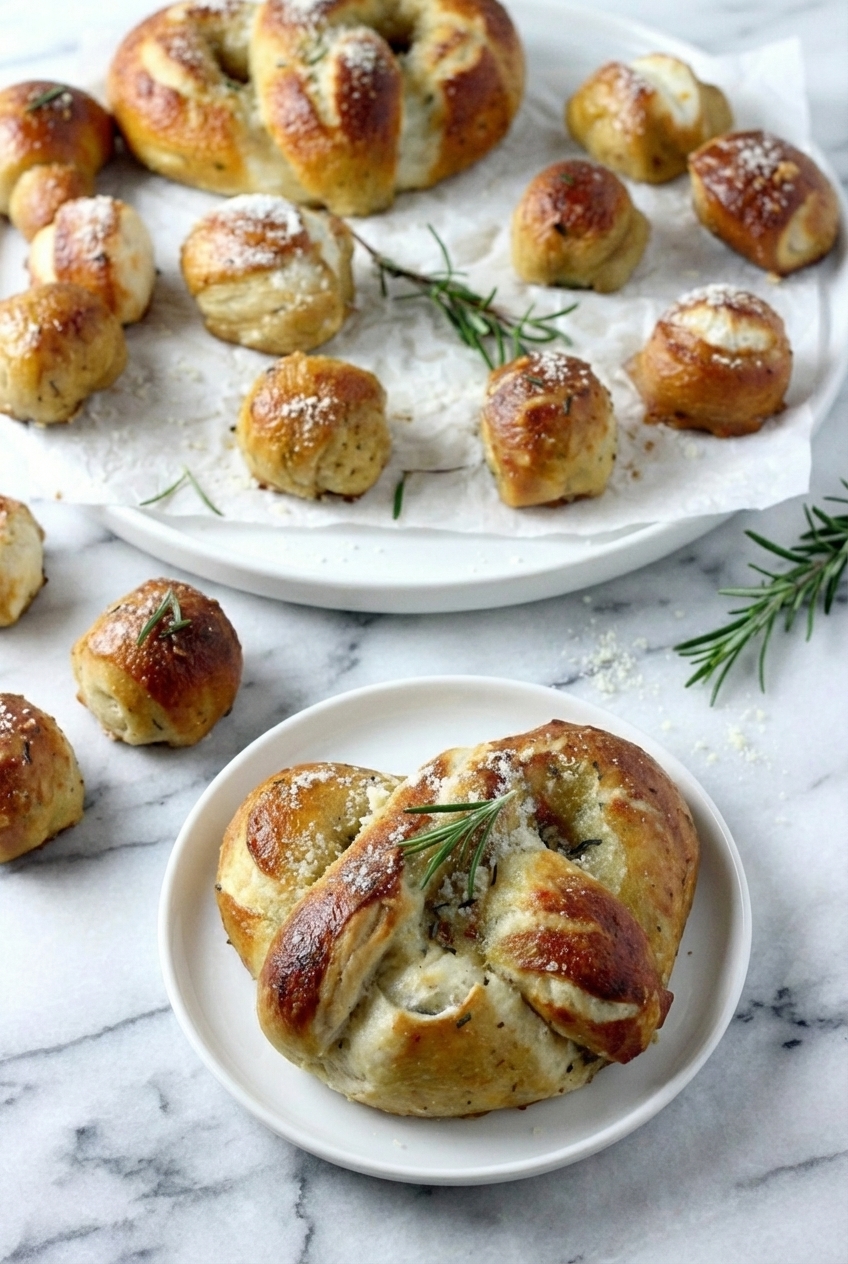 A stack of freshly baked Mozzarella Stuffed Rosemary Parmesan Soft Pretzels on a contemporary countertop with soft shadows.