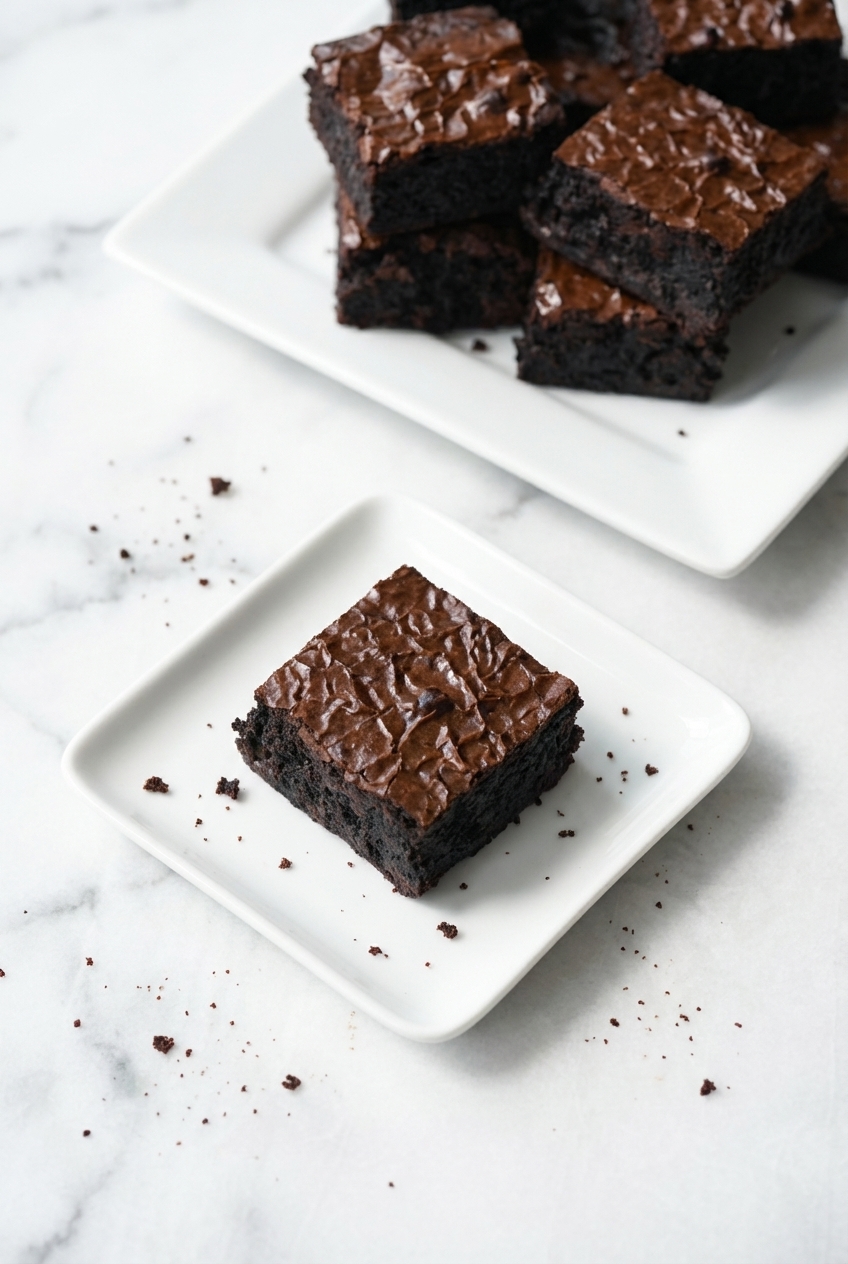 Easy Sourdough Discard Brownies stacked on a minimalist ceramic vessel on a white countertop with soft natural shadows.