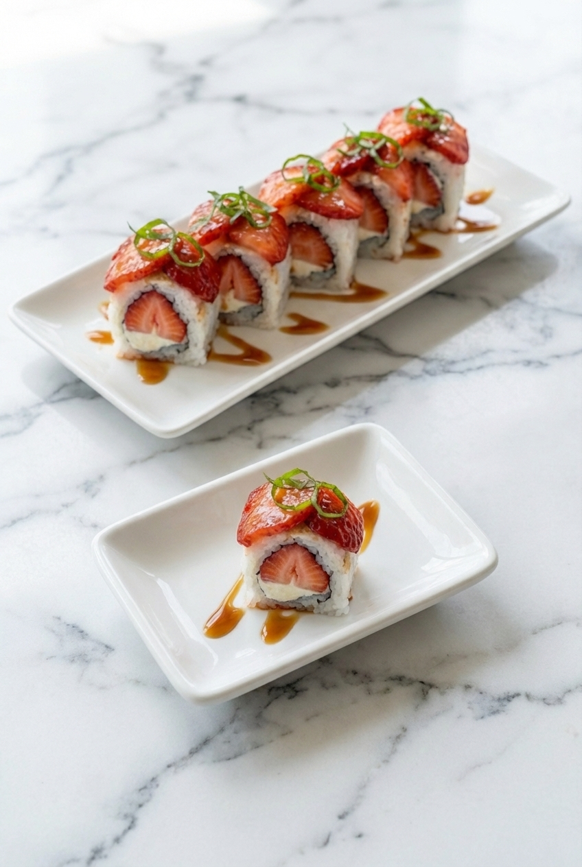Slices of Strawberry Shortcake Sushi cut with a serrated knife on a white marble surface with soft shadows.