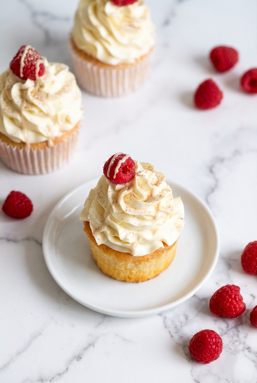 Vanilla Cupcakes arranged on a wire cooling rack atop a contemporary white marble surface with soft window shadows.
