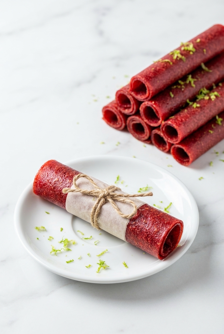 Rolled Watermelon Fruit Roll Ups stacked in a ceramic vessel under soft, natural window lighting.