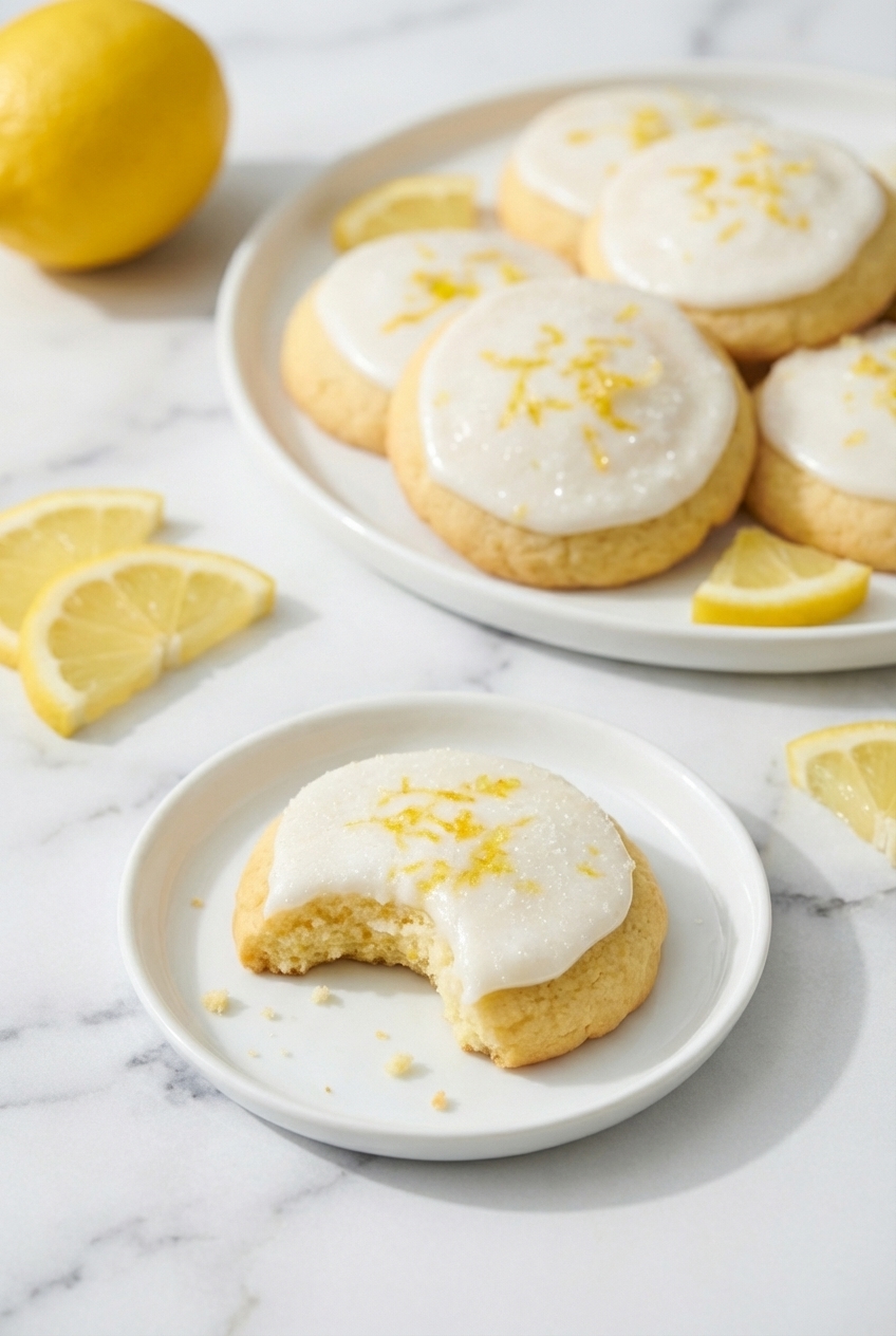 Cheerful Lemon Cookies arranged in a minimalist ceramic vessel on a white marble surface under soft window light.