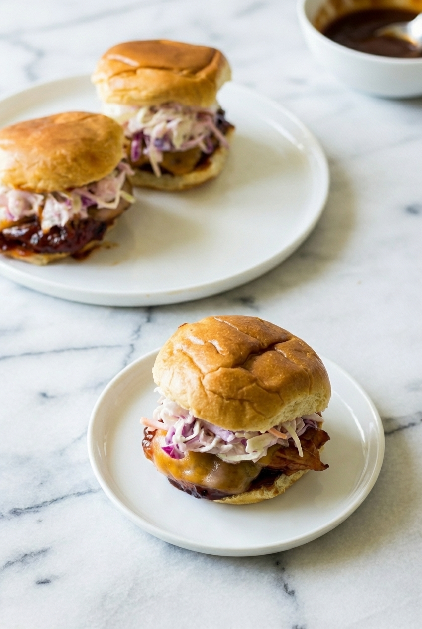 BBQ Chicken Sliders served in a minimalist ceramic vessel on a white marble surface with soft shadows.