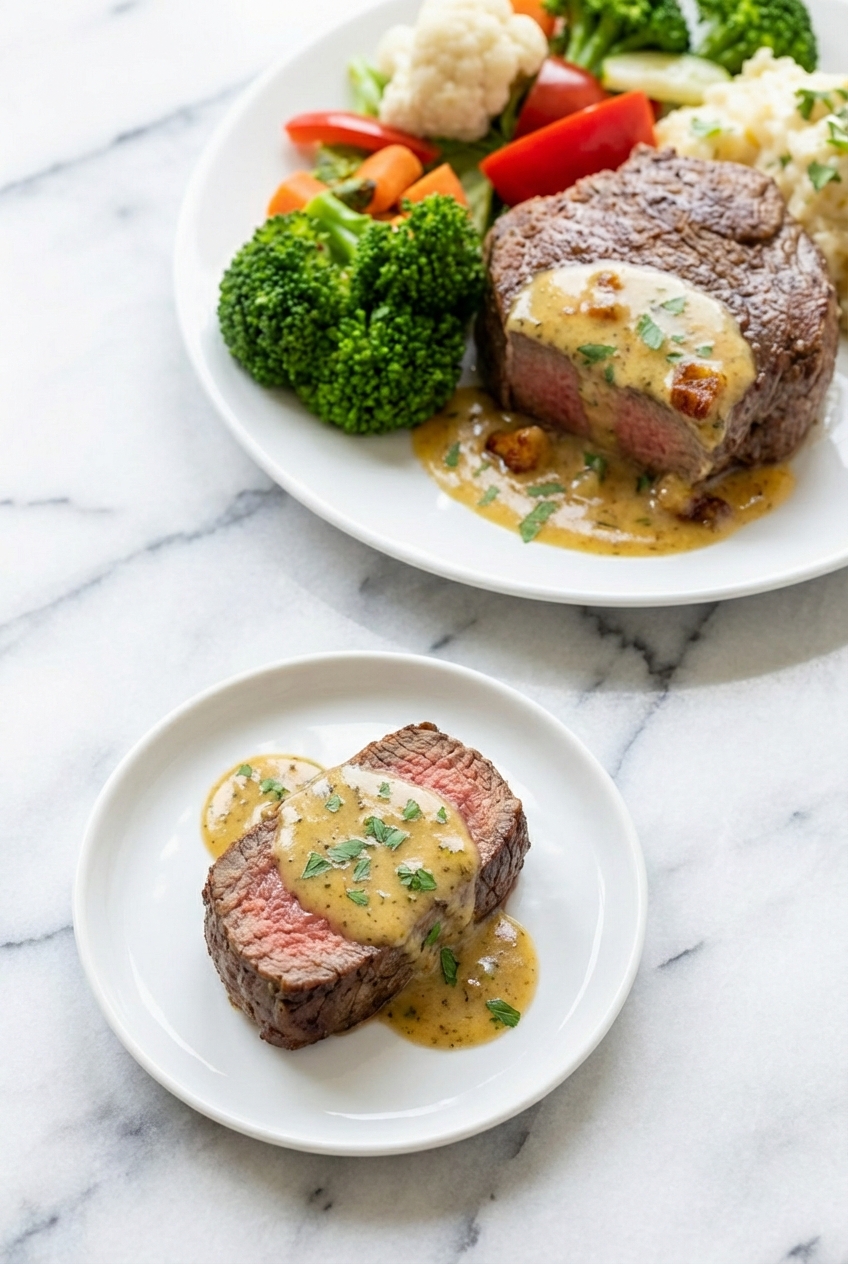Sliced Beef Fillet with Easy Bearnaise Sauce served on a contemporary countertop under natural window lighting.