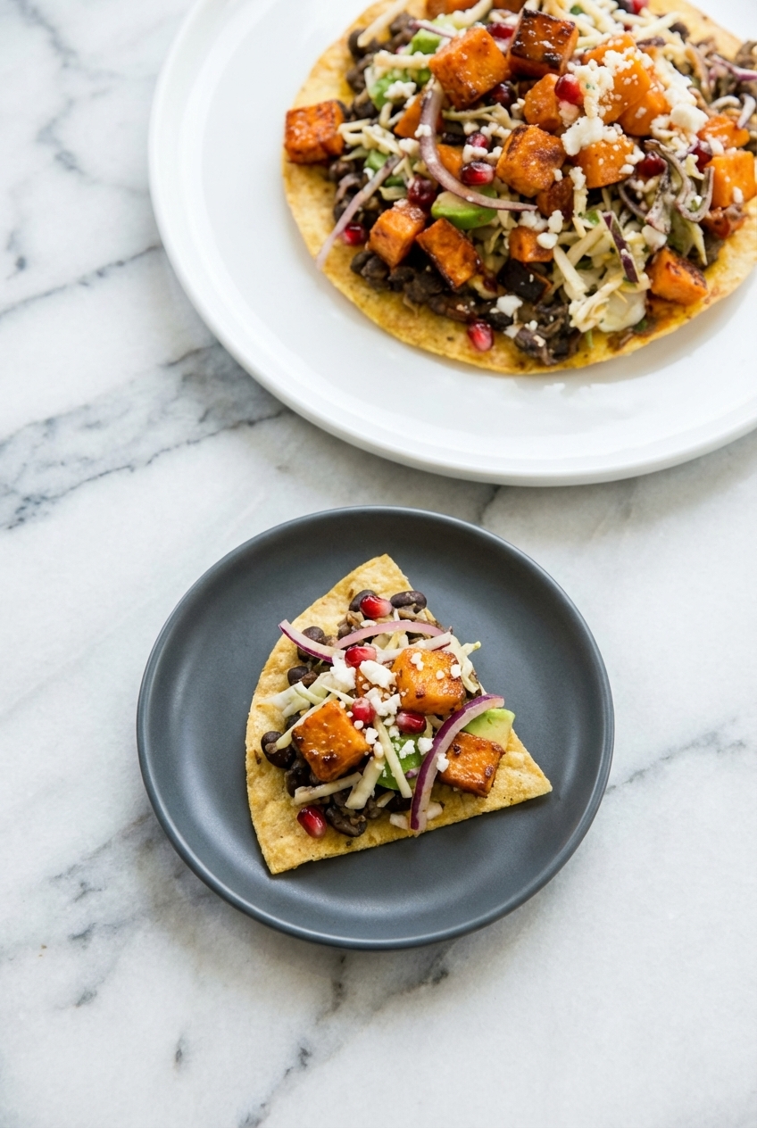 Black Bean Sweet Potato Tostadas served for a family meal on a contemporary countertop with natural lighting.