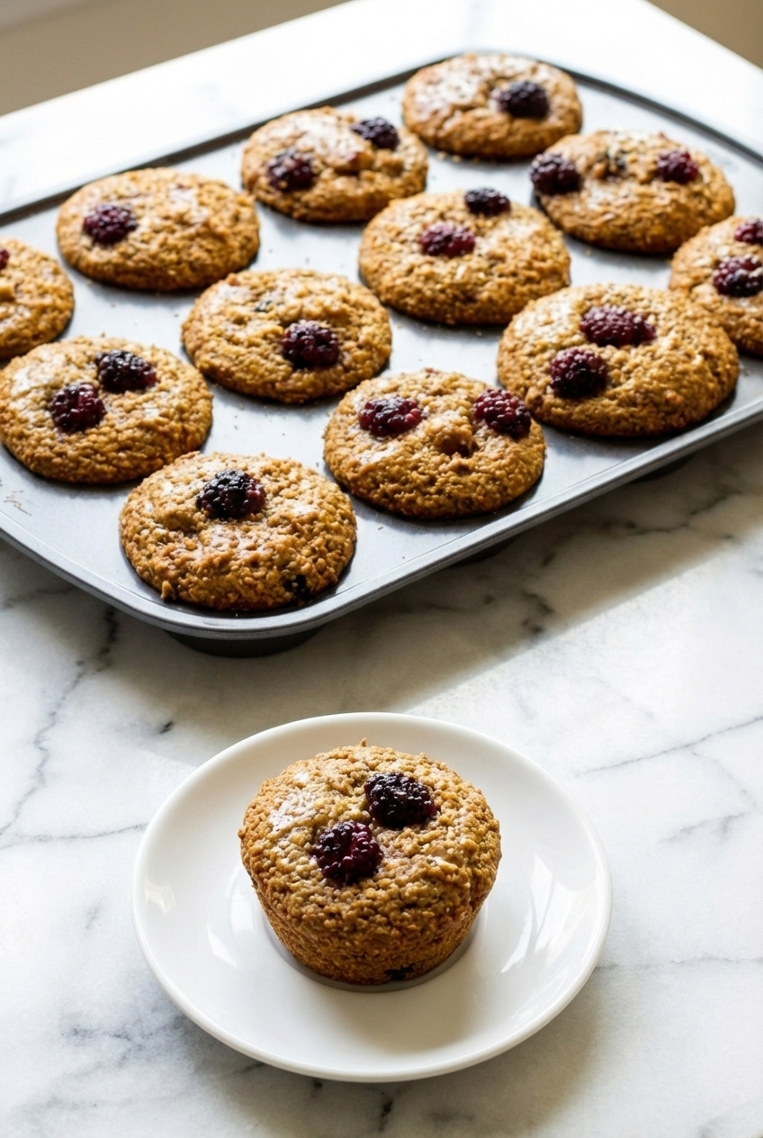 A pair of Blackberry Bran Muffins on a minimalist ceramic vessel, illustrating the rich texture and hydration of the bake.