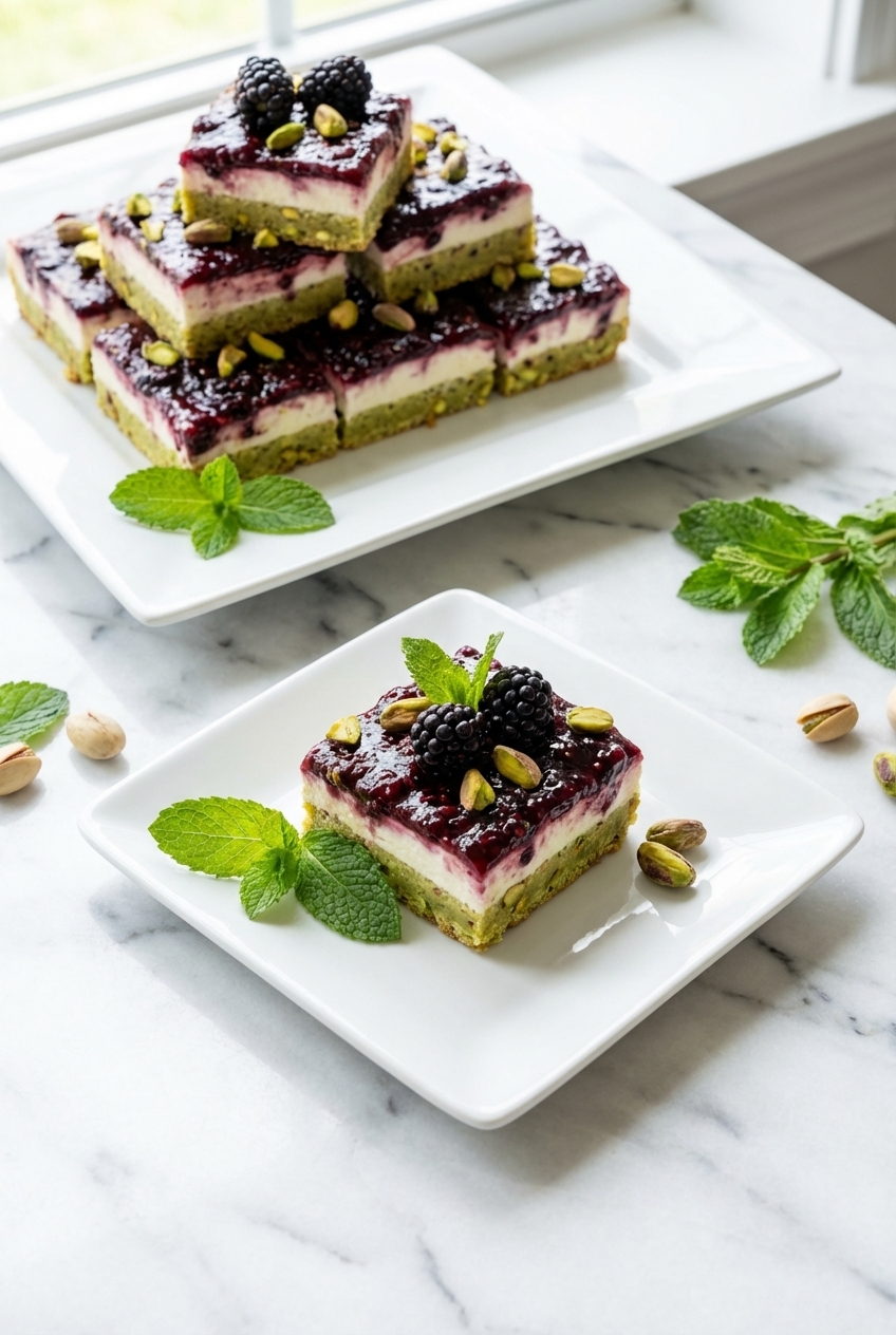Blackberry Pistachio Dream Bars served on a minimalist ceramic vessel with soft shadows on a clean white countertop.