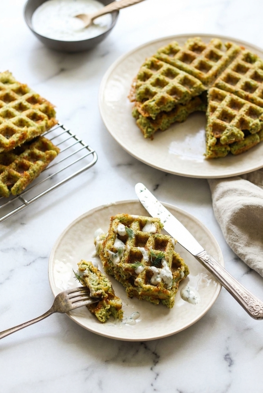 Broccoli cheese waffles served on a minimalist ceramic vessel with Greek yogurt, styled in natural light for meal prep.