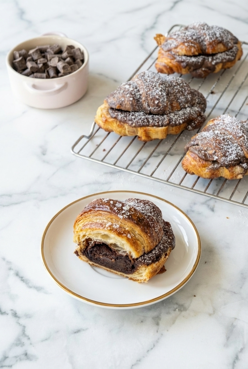 Brownie Batter Croissants served on a minimalist ceramic vessel with a serrated knife on a contemporary white countertop.