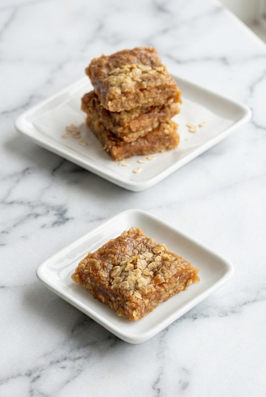 Sliced Caramel Crush Bars on a white marble surface illuminated by soft natural window lighting.
