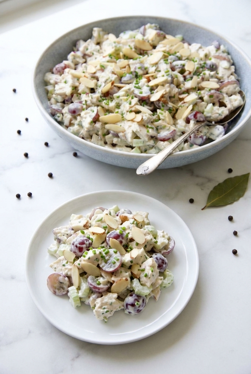 Chicken Salad With Grapes served on buttery croissants on a minimalist ceramic plate under natural window lighting.