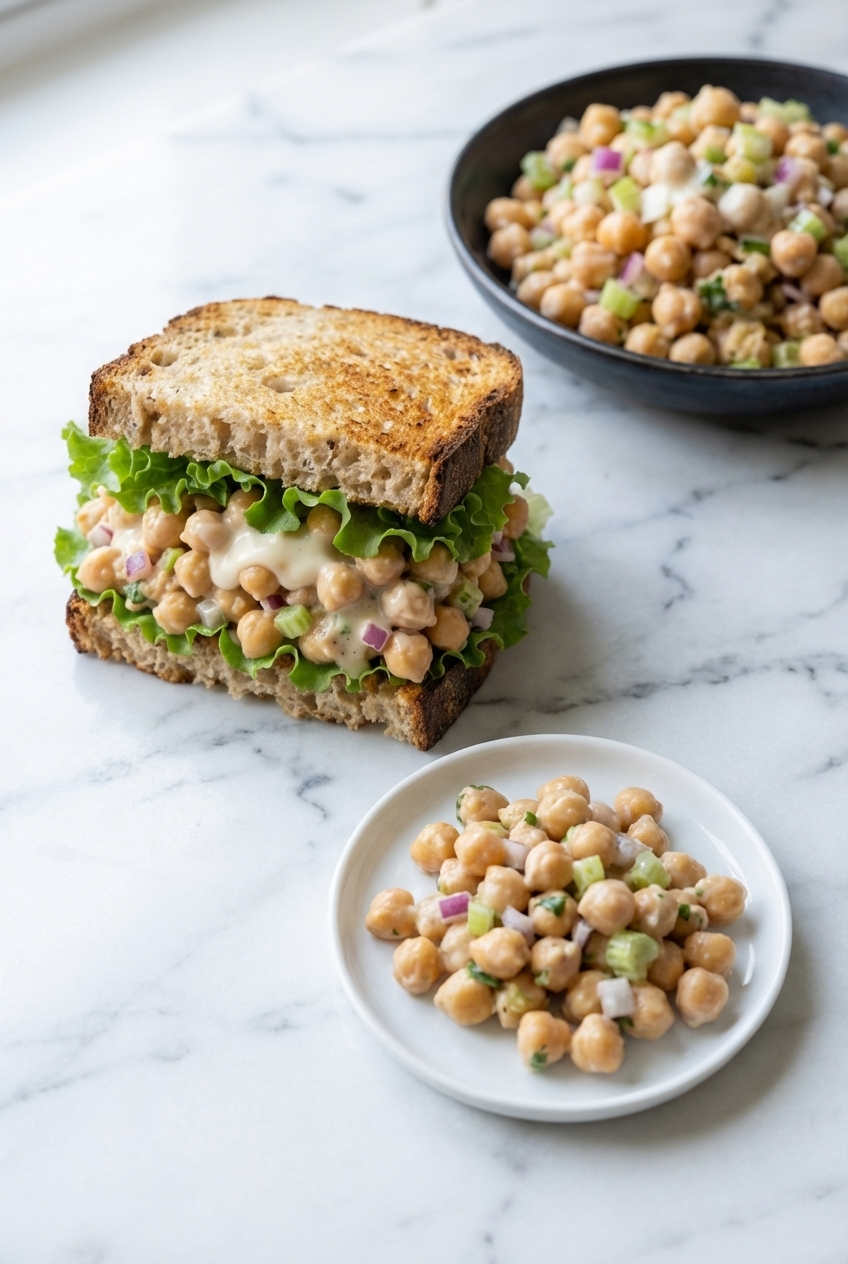 Chickpea Tuna Salad served on toasted bread on a ceramic plate atop a white marble surface with soft window shadows.