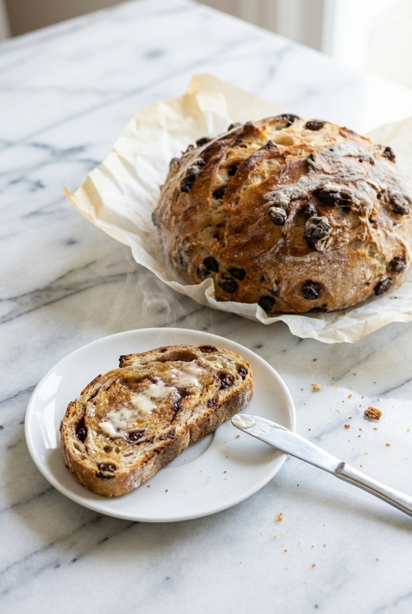Slices of toasted Cinnamon Raisin Artisan Bread served on a minimalist ceramic plate in a bright, contemporary kitchen.