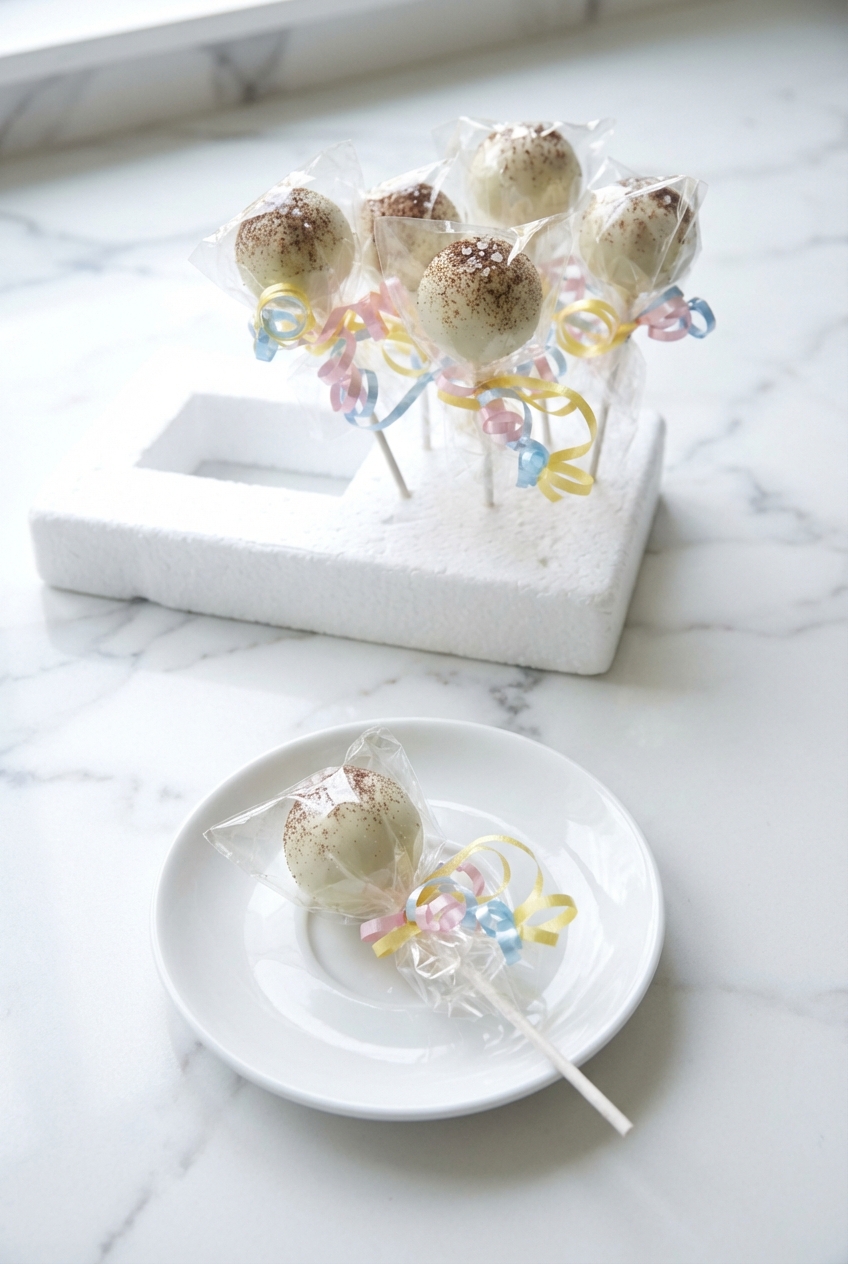 Classic Cake Pops elegantly displayed on a minimalist ceramic vessel atop a white marble surface in natural lighting.