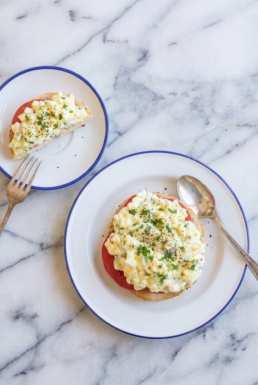 Cottage Cheese Egg Salad served in a minimalist ceramic vessel under natural window lighting on a marble countertop.