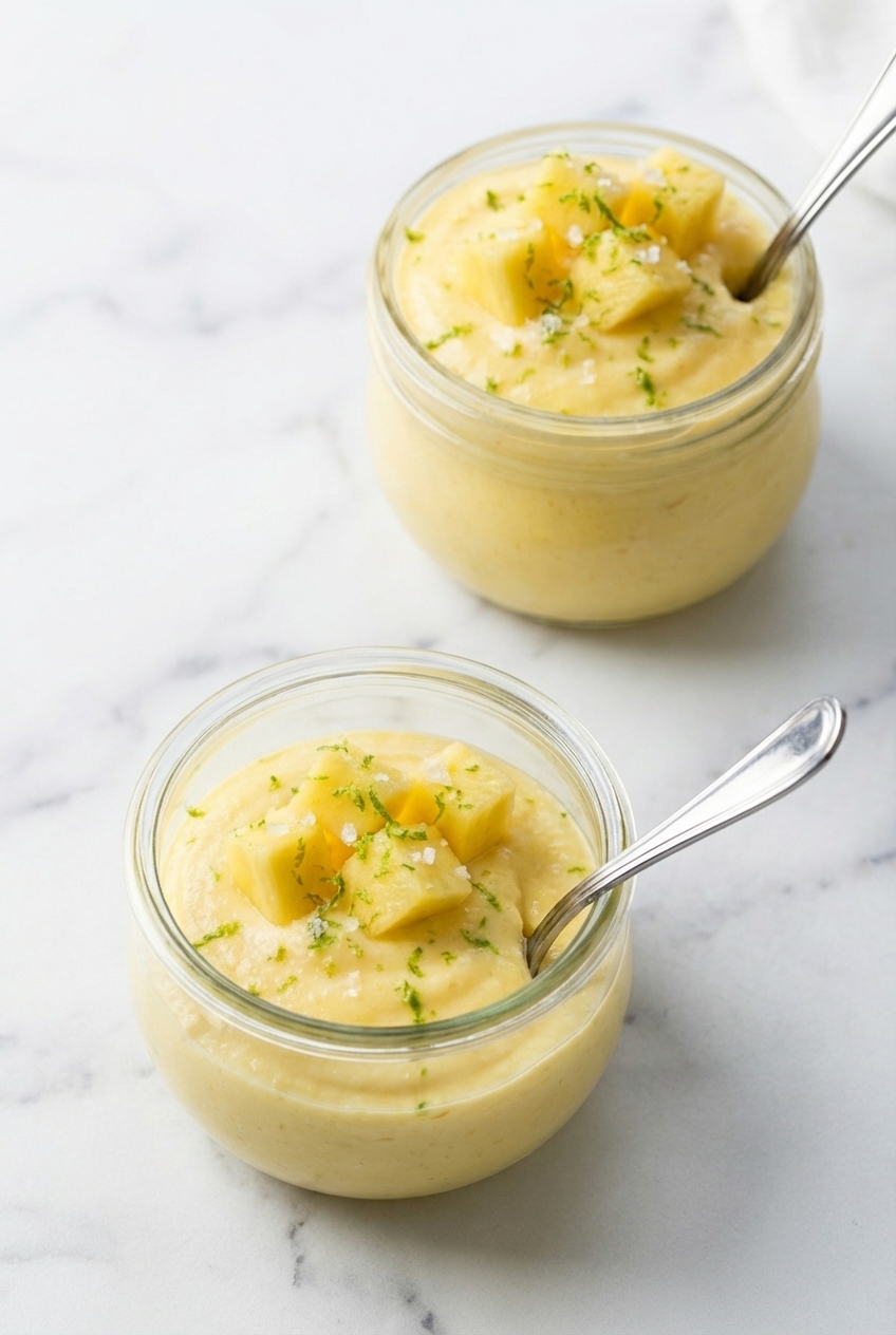Multiple Cottage Cheese Pineapple Mousse Cups arranged on a white marble surface for meal prep dessert serving.
