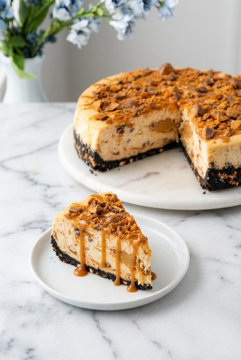 Whole Creamy Butterfinger Cheesecake with caramel drizzle served on a minimalist ceramic vessel in soft natural light.