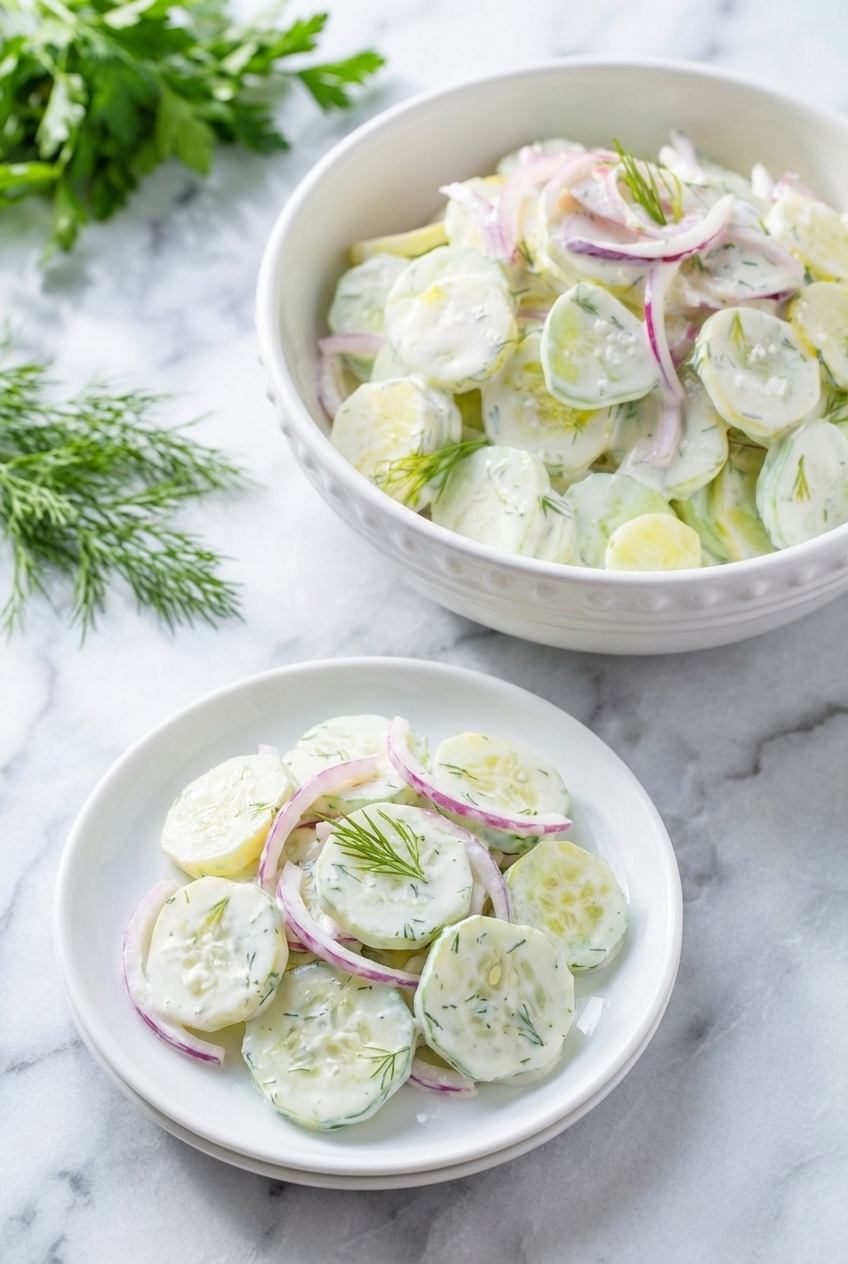 Creamy cucumber salad served in a minimalist ceramic vessel on a marble table bathed in natural window lighting.
