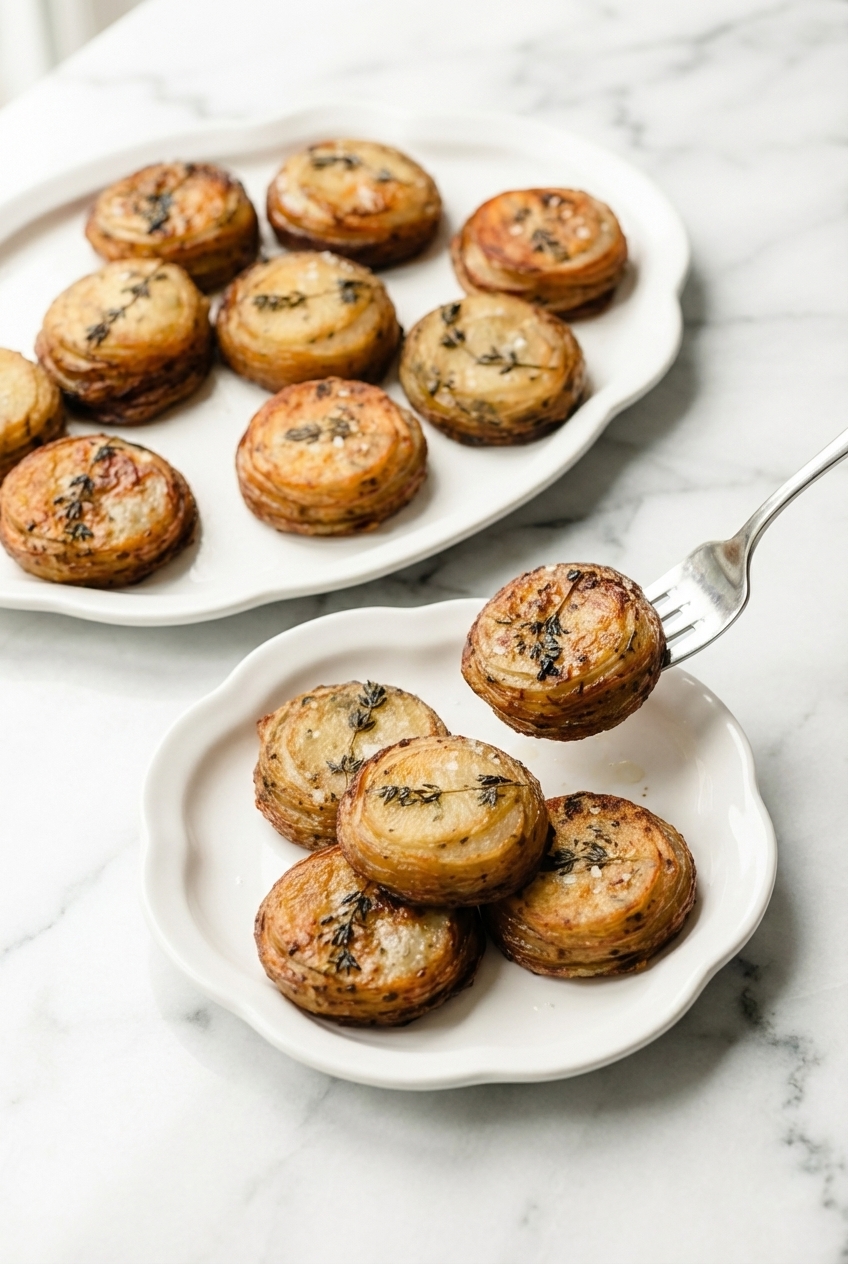 Crispy Garlic Butter Potato Rounds served in a minimalist ceramic dish on a marble table with soft window lighting.