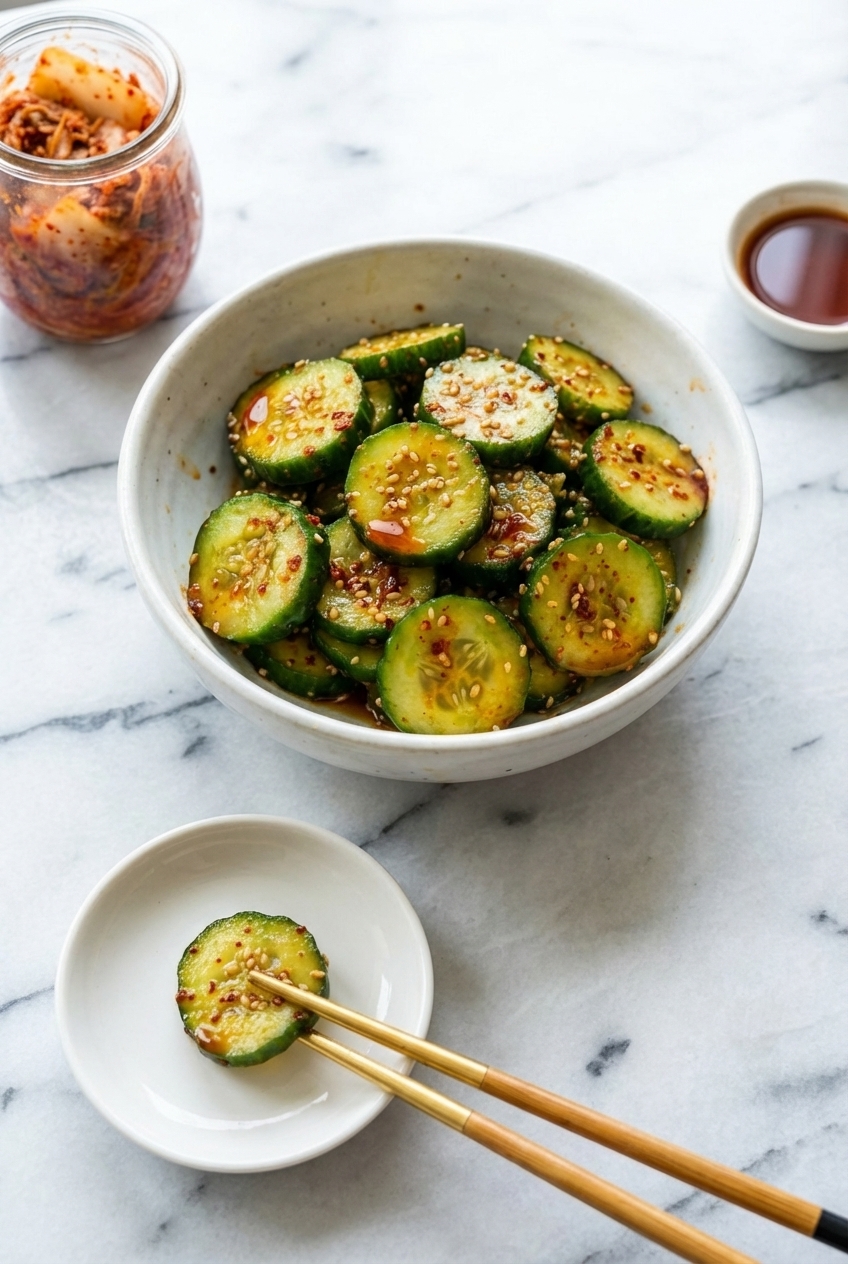Crushed Cucumber Salad Korean in a minimalist ceramic vessel on a marble countertop with soft natural window lighting.