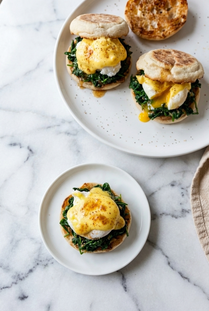 Plated Eggs Florentine with velvety Hollandaise sauce and soft shadows on a sleek white marble surface.