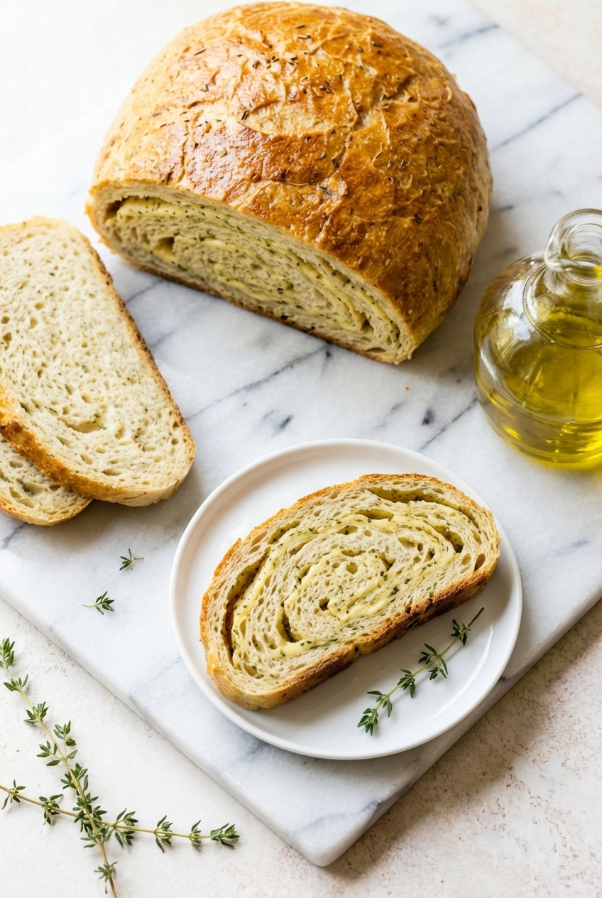 Slices of Garlic Herb Dutch Oven Bread in a minimalist ceramic vessel under soft natural window lighting.